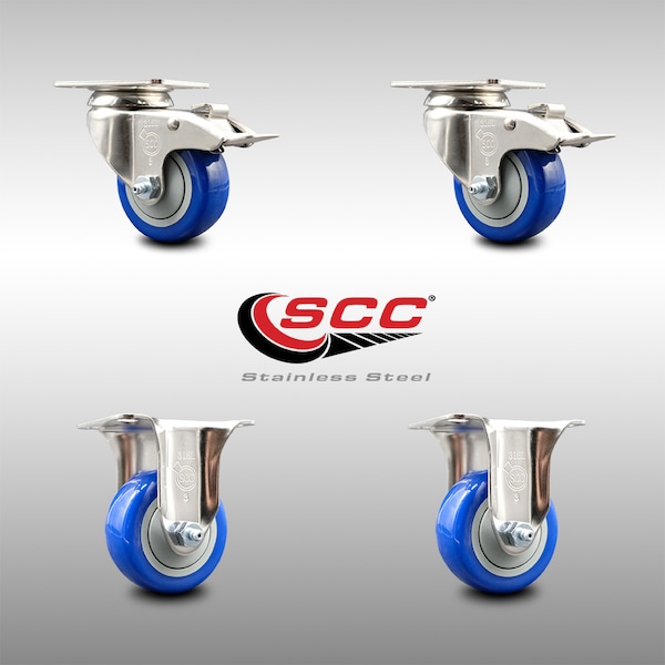 Service Caster 3.5 Inch 316SS Blue Polyurethane Swivel Plate Caster Lock Brake 2 Rigid, 2PK SCC-SS316TTL20S3514-PPUB-BLUE-2-R-2 - main